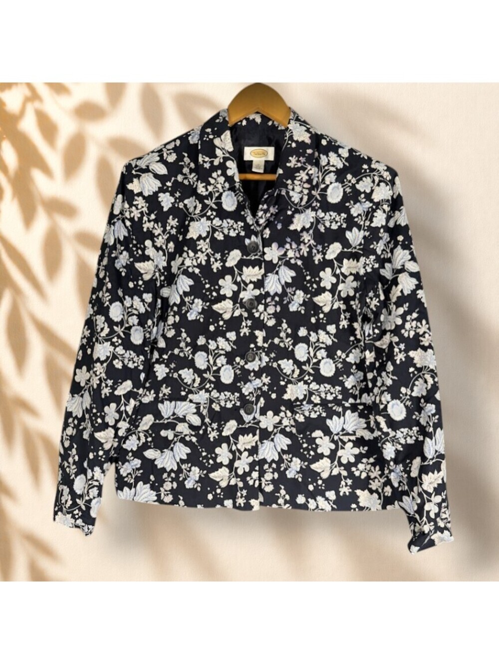 Talbots Blazer Women 14 Black Floral Button Up Collared Long Sleeve Cotton Lined
